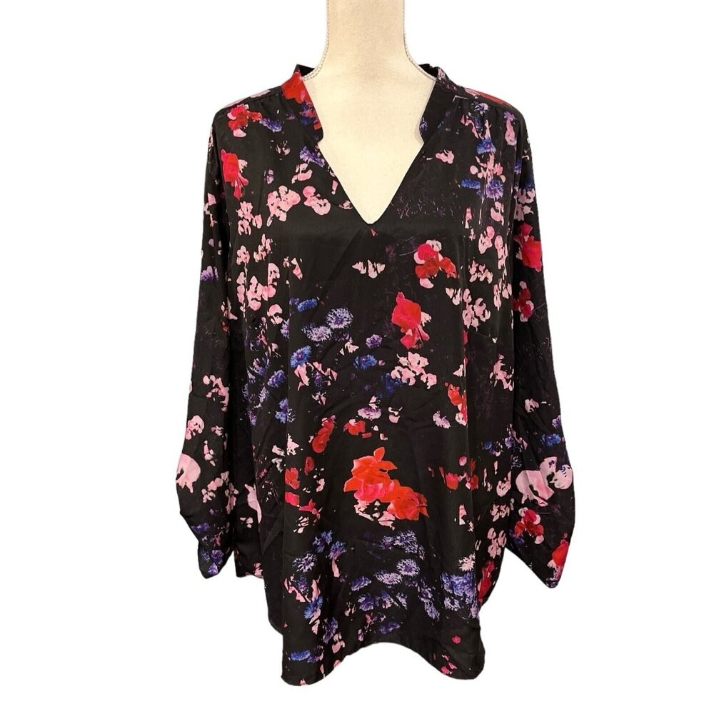 Gb X Amanda Uprichard Top Womens 2X Black Floral Satin Tunic Roll Tab Sleeves